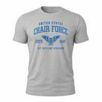 Load image into Gallery viewer, Chair Force 1st Recline Division - Funny Air Force Veteran Gag Gift Shirt in Athletic Heather, ghost front