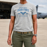Load image into Gallery viewer, Chair Force 1st Recline Division - Funny Air Force Veteran Gag Gift Shirt in Athletic Heather, woman, no face
