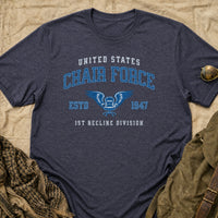 Load image into Gallery viewer, Chair Force 1st Recline Division - Funny Air Force Veteran Gag Gift Shirt - Branch Wars in Heather Navy, props flat