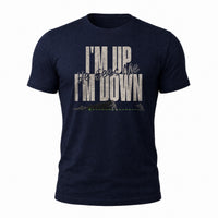 Load image into Gallery viewer, I'm Up. He Sees Me. I'm Down - 3-5 Second Rush Army Veteran Tee in Navy, ghost front