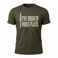 Load image into Gallery viewer, A fighting knife standing point up beside the words I’VE BEEN TO and WORSE PLACES in stencil capitals, with a thin line level with the knife's crossguard between the two rows.