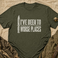 Load image into Gallery viewer, I've Been to Worse Places - Funny Veteran Tee in Military Green, props flat