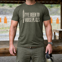 Load image into Gallery viewer, I've Been to Worse Places - Funny Veteran Tee in Military Green, man, no face