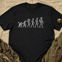 Load image into Gallery viewer, Career Progression - Funny Evolution of Man Veteran T Shirt in Black, props flat