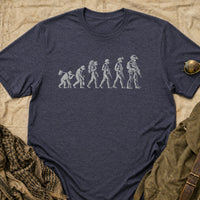 Load image into Gallery viewer, Career Progression - Funny Evolution of Man Veteran T Shirt in Heather Navy, props flat
