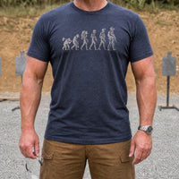 Load image into Gallery viewer, Career Progression - Funny Evolution of Man Veteran T Shirt in Heather Navy, man, no face