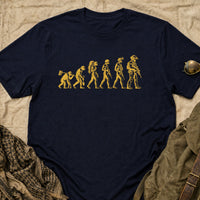 Load image into Gallery viewer, Career Progression - Funny Evolution of Man Veteran T Shirt in Navy, props flat