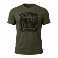 Load image into Gallery viewer, Service Connected Owns Eleven Flashlights - Funny Veteran Tee in Military Green, ghost front
