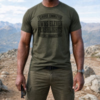 Load image into Gallery viewer, Service Connected Owns Eleven Flashlights - Funny Veteran Tee in Military Green, man, no face