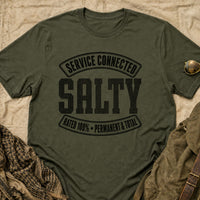 Load image into Gallery viewer, Service Connected Salty - Funny Salty Veteran Tee in Military Green, props flat