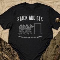 Load image into Gallery viewer, Stack Addicts Room Service With A Bang - Funny CQB Veteran Tee - NOD Ops in Black, props flat