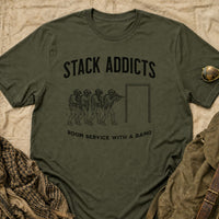 Load image into Gallery viewer, Stack Addicts Room Service With A Bang - Funny CQB Veteran Tee - NOD Ops in Military Green, props flat