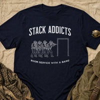 Load image into Gallery viewer, Stack Addicts Room Service With A Bang - Funny CQB Veteran Tee - NOD Ops in Navy, props flat