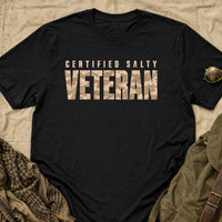 Load image into Gallery viewer, Certified Salty Veteran - Veterans Day Tee in Black, props flat