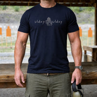 Load image into Gallery viewer, Wakey Wakey - Funny Veteran Tee in Navy, man, no face