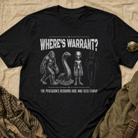 Load image into Gallery viewer, Where's Warrant? The Pentagon's Reigning Hide-And-Seek Champ - Funny Warrant Officer Military Tee - Target Deck in Black, props flat