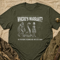 Load image into Gallery viewer, Where's Warrant? The Pentagon's Reigning Hide-And-Seek Champ - Funny Warrant Officer Military Tee - Target Deck in Military Green, props flat