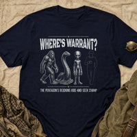 Load image into Gallery viewer, Where's Warrant? The Pentagon's Reigning Hide-And-Seek Champ - Funny Warrant Officer Military Tee - Target Deck in Navy, props flat