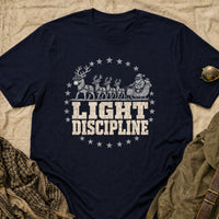 Load image into Gallery viewer, Light Discipline - Funny Tactical Santa Veteran Shirt in Navy, props flat