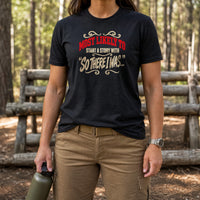 Load image into Gallery viewer, Most Likely To Start A Story - Funny Veteran Tee in Black, woman, no face