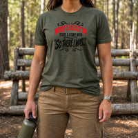 Load image into Gallery viewer, Most Likely To Start A Story - Funny Veteran Tee in Military Green, woman, no face
