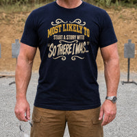 Load image into Gallery viewer, Most Likely To Start A Story - Funny Veteran Tee in Navy, man, no face