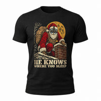 Load image into Gallery viewer, He Knows Where You Sleep - Funny Tactical Santa Christmas Shirt in Black, ghost front