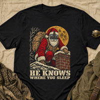 Load image into Gallery viewer, He Knows Where You Sleep - Funny Tactical Santa Christmas Shirt in Black, props flat
