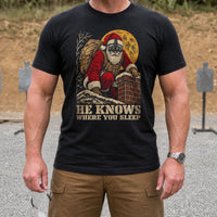 Load image into Gallery viewer, He Knows Where You Sleep - Funny Tactical Santa Christmas Shirt in Black, man, no face