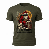 Load image into Gallery viewer, He Knows Where You Sleep - Funny Tactical Santa Christmas Shirt in Military Green, ghost front