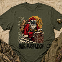Load image into Gallery viewer, He Knows Where You Sleep - Funny Tactical Santa Christmas Shirt in Military Green, props flat