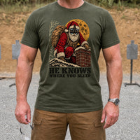 Load image into Gallery viewer, He Knows Where You Sleep - Funny Tactical Santa Christmas Shirt in Military Green, man, no face