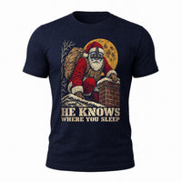 Load image into Gallery viewer, He Knows Where You Sleep - Funny Tactical Santa Christmas Shirt in Navy, ghost front