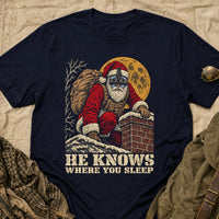 Load image into Gallery viewer, He Knows Where You Sleep - Funny Tactical Santa Christmas Shirt in Navy, props flat