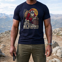 Load image into Gallery viewer, He Knows Where You Sleep - Funny Tactical Santa Christmas Shirt in Navy, man, no face