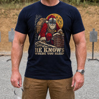Load image into Gallery viewer, He Knows Where You Sleep - Funny Tactical Santa Christmas Shirt in Navy, man, no face