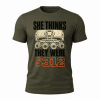 Load image into Gallery viewer, She Thinks They Were $312 - Funny NODs Veteran Tee in Military Green, ghost front