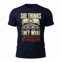 Load image into Gallery viewer, She Thinks They Were $312 - Funny NODs Veteran Tee in Navy, ghost front